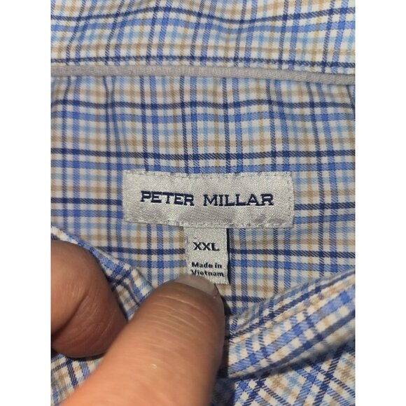 Peter Millar Mens Button-Down Shirt XXL Cotton Blend Blue-Tan Plaid - Picture 5 of 7